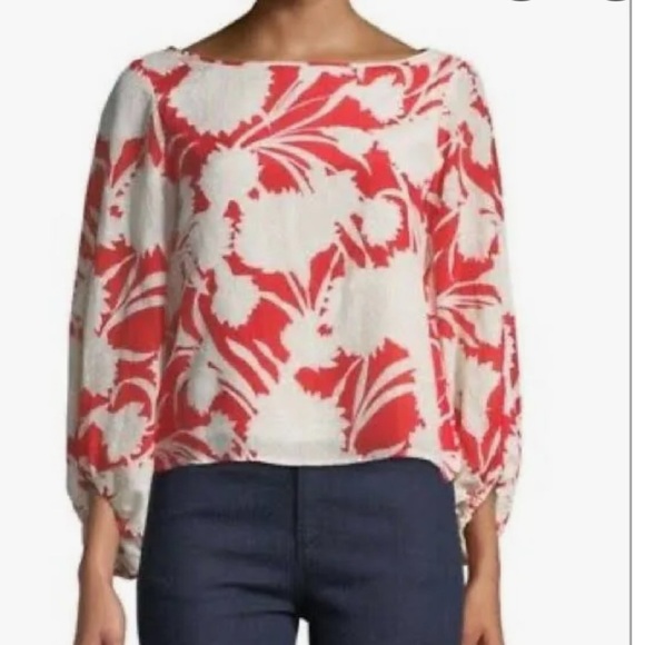Club Monaco Tops - Club Monaco Silk Blend Floral Red and White Women's Blouse size Large